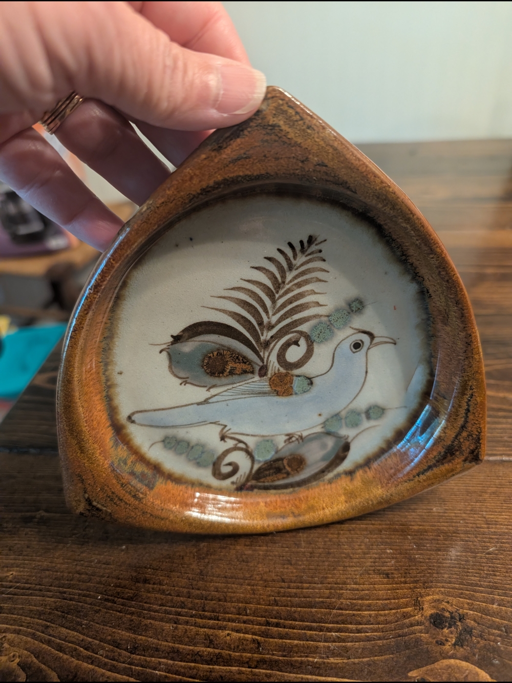 Mexican Artist Ken Edwards Hand-Painted Brown and Blue Pottery Bird Dish -